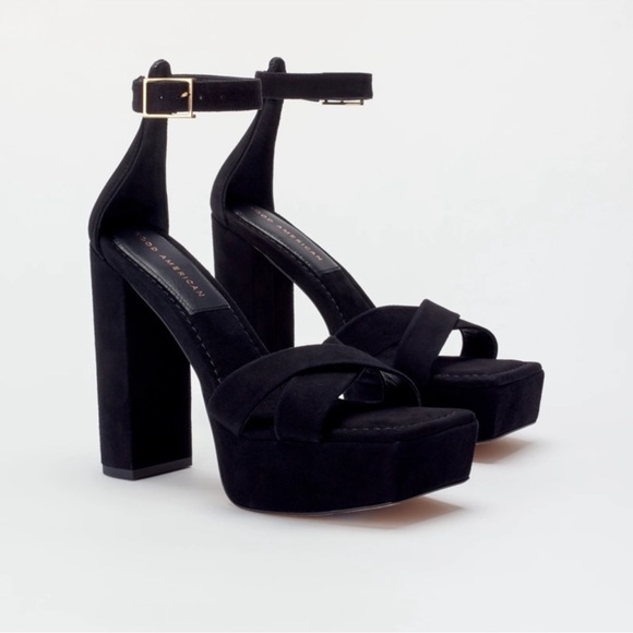 Good American Shoes - Good American Chunky Black Suede Leather Sole Platform Block Heels Sz 5